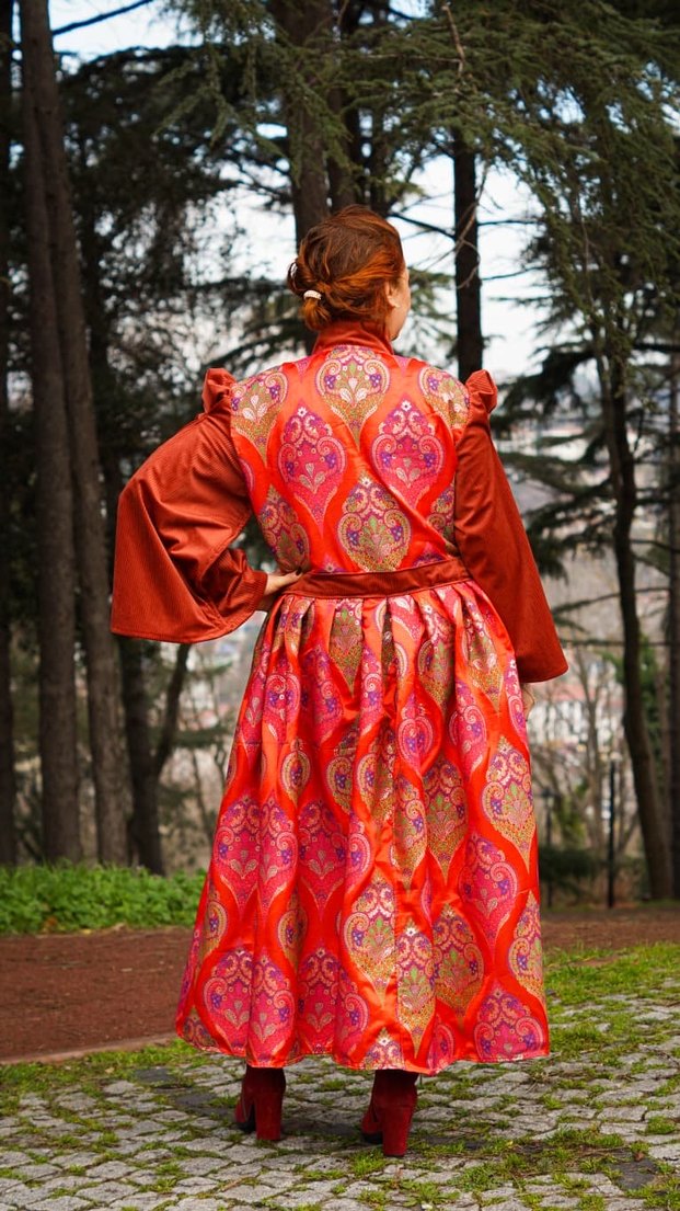 Kırmızı Jakar Kaftan Elbise - Görsel 3