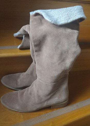 Bej Süet Kürklü Kadın Dizüstü çizme - Görsel 2