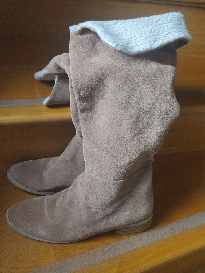 Bej Süet Kürklü Kadın Dizüstü çizme - Görsel 2