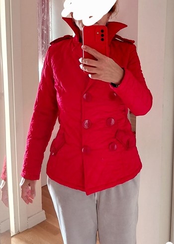 Düğmeli Kırmızı Kadın Mont - Görsel 3