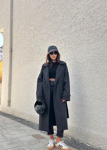 l Beden gri Renk Kemerli Oversize Antrasit Kaban