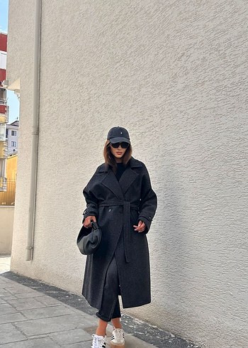 Diğer Kemerli Oversize Antrasit Kaban