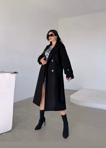 l Beden siyah Renk Düğmeli Siyah Uzun Kadın Kaban