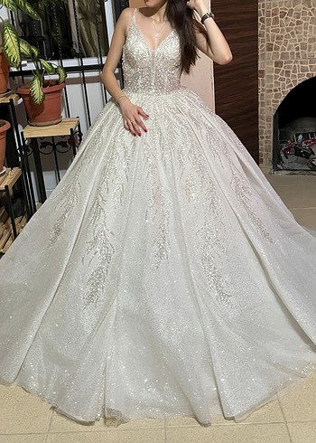 38 Beden Parlak Beyaz Prenses Gelinlik