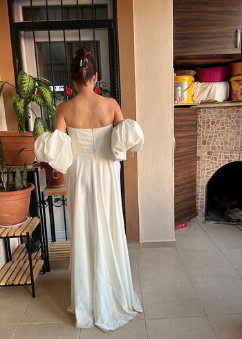 Diğer Drapeli Kayık Yaka Uzun Beyaz Kadın Elbise