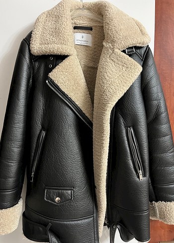 Stradivarius Kürklü Siyah Deri Kadın Biker Ceket