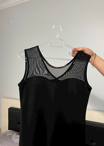 Siyah Transparan Detaylı Midi Elbise