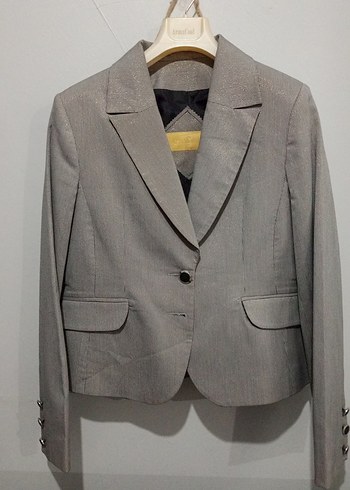 Düğmeli Gri Kadın Blazer Ceket pırıltılı ve etek ara boy