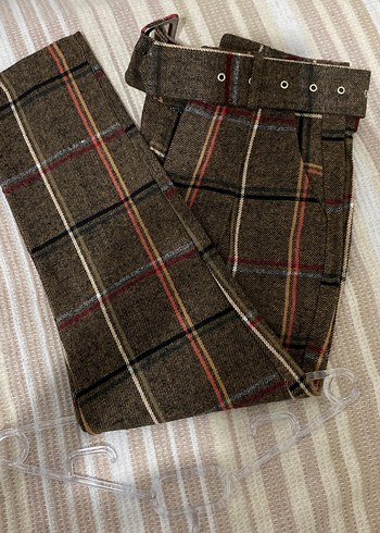 Kahverengi Yün Kumaş Kadın ekose Pantolon - Görsel 2
