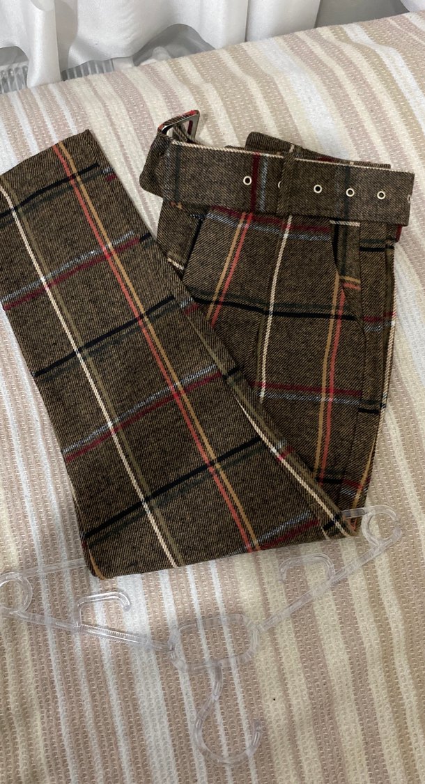 Kahverengi Yün Kumaş Kadın ekose Pantolon - Görsel 2