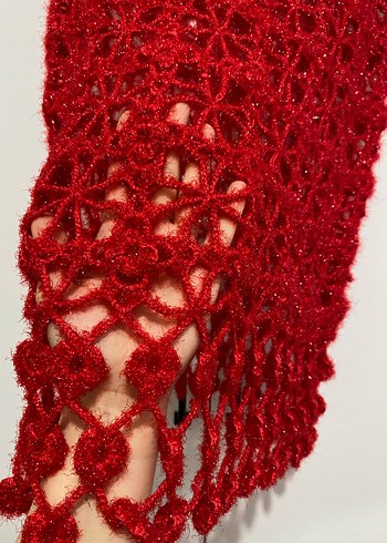 Simli Kırmızı Örgü Kadın süveter esnektir - Görsel 3