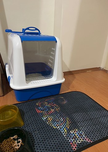 Mavi Kapalı Kedi Tuvalet Kabı ve Taşıma Kutusu - Görsel 4