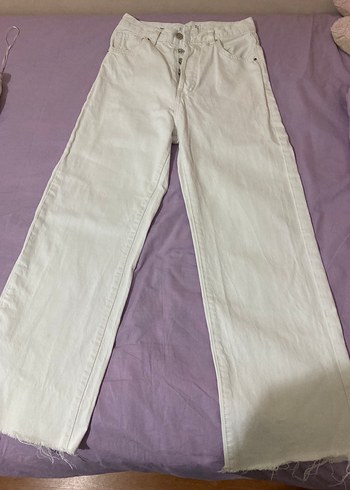 Düğmeli Beyaz Pamuklu Kadın Midi Kot Pantolon