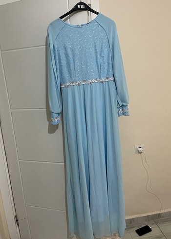 Mavi Uzun Kollu Bohem Abiye Elbise