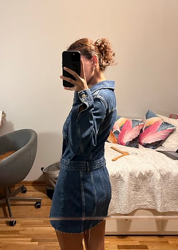 s Beden gri Renk Mavi Denim Midi Elbise