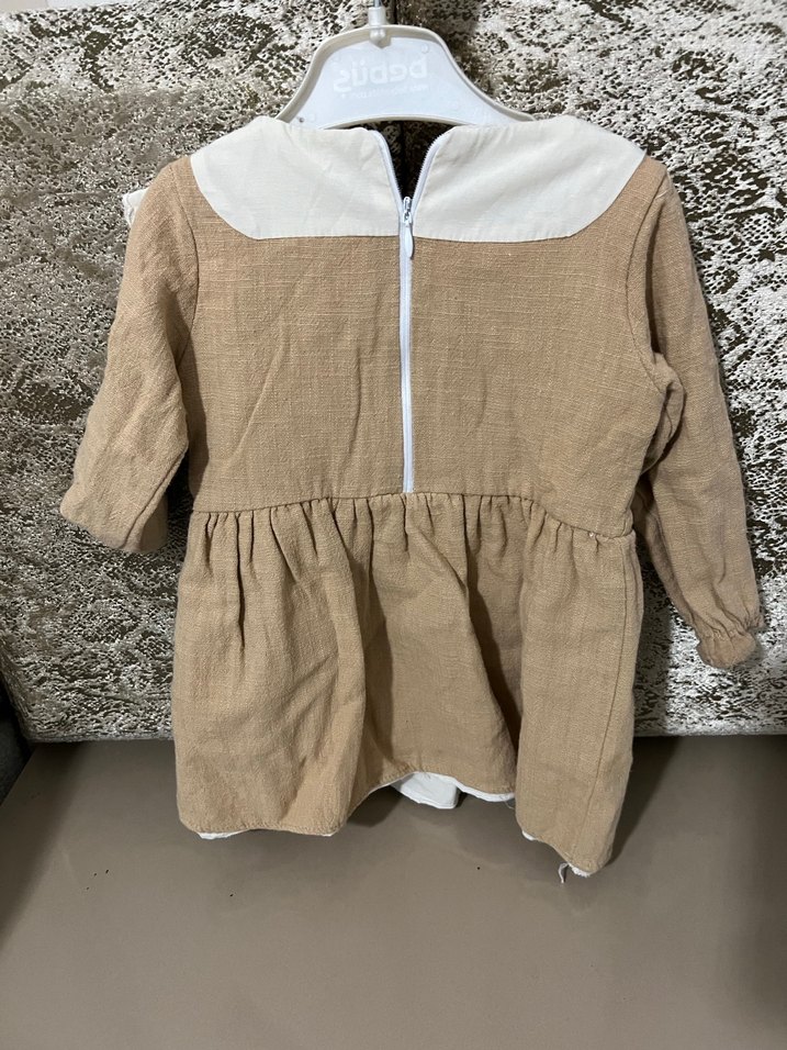 Kız Çocuk Bej Fırfırlı Keten Elbise - Görsel 2