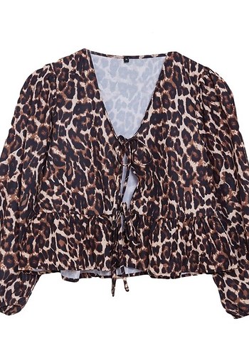 38 Beden kahverengi Renk Leopar Desenli Bağlamalı Normal Kalıp Dokuma Gömlek Bluz