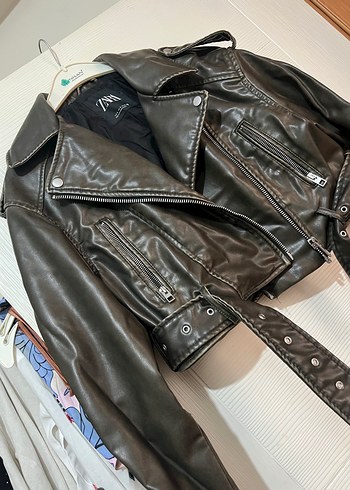s Beden Kahverengi Deri Biker Ceket