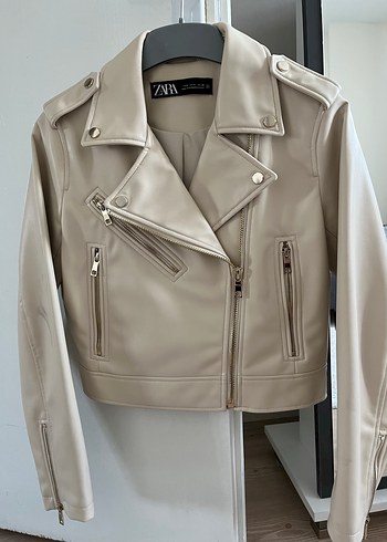 Zara Zara Ekru Deri Biker Kadın Ceket