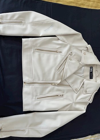 Zara Ekru Deri Biker Kadın Ceket