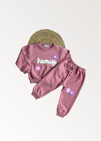 Nakışlı Triko Pembe Bebek Kız Takımı