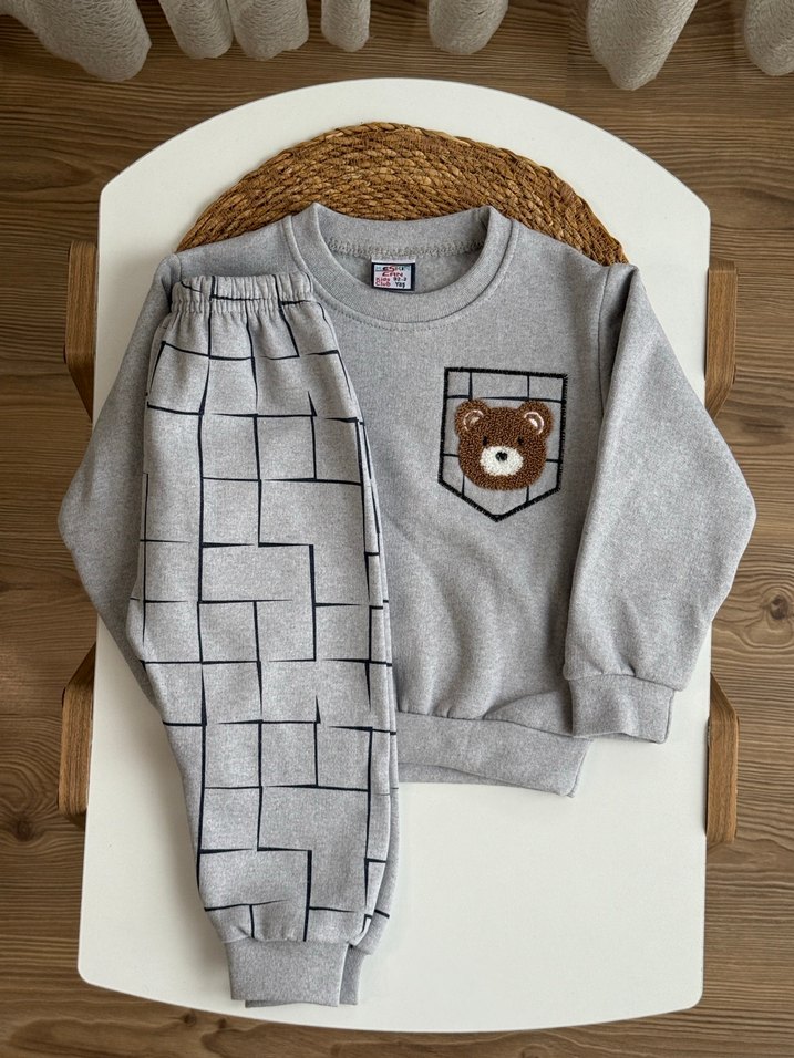 Gri Erkek Bebek Nakışlı Sweatshirt Takımı - Görsel 2