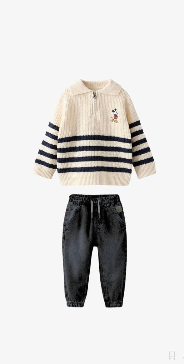 Çizgili ve Nakışlı Erkek Çocuk Triko Kazak - Görsel 3