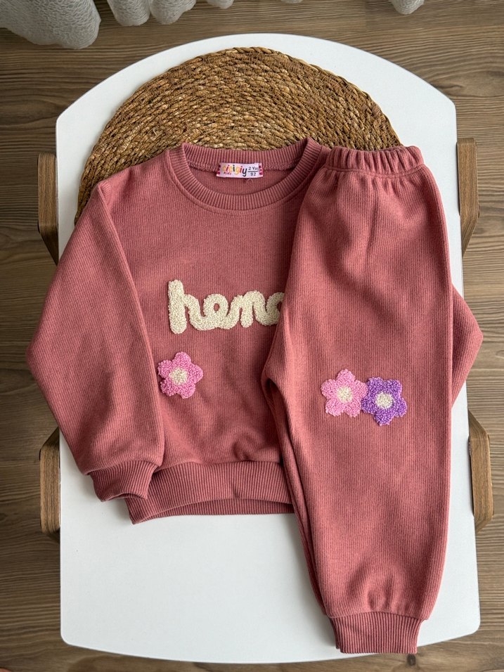 Nakışlı Triko Pembe Bebek Kız Takımı - Görsel 2