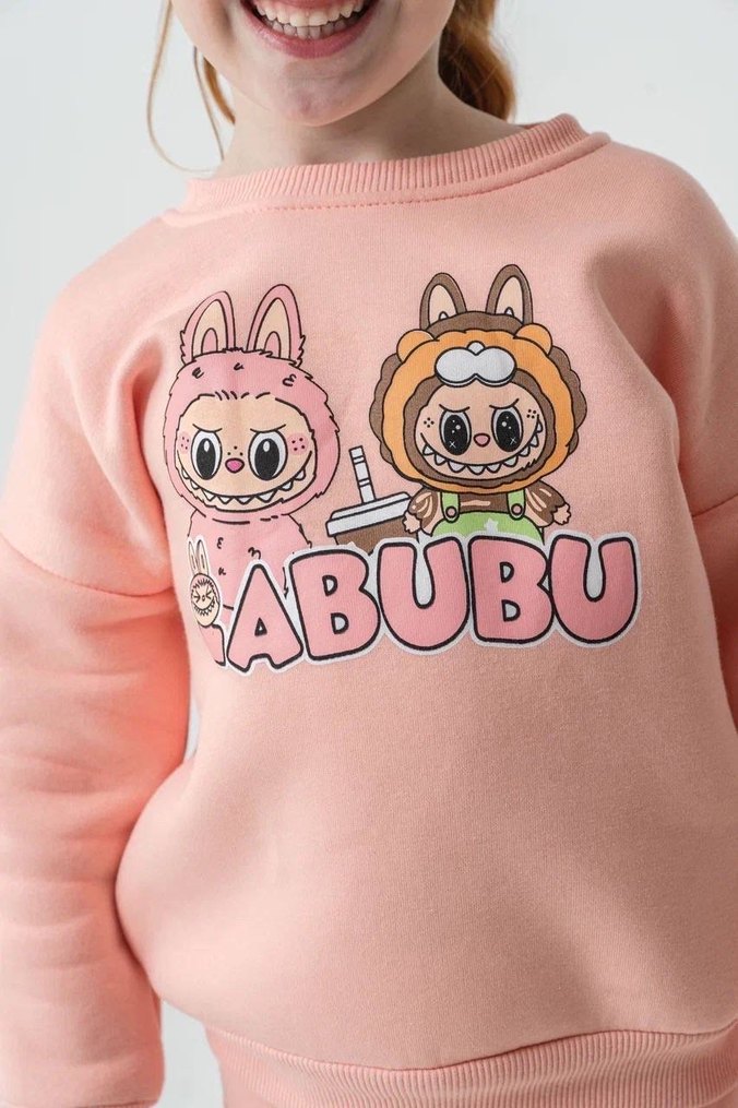 Pembe Baskılı Kız Çocuk Sweatshirt ve Eşofman Takımı - Görsel 3