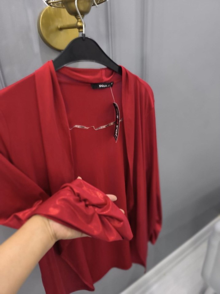 Parlak Kırmızı Uzun Kollu Kadın Robe - Görsel 2