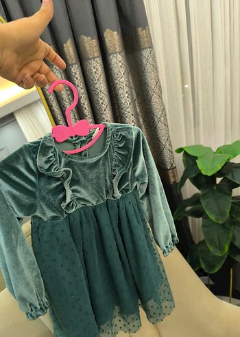 Uzun Kollu Fırfırlı Turkuaz Kız Çocuk Elbise - Görsel 2