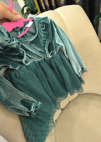 Uzun Kollu Fırfırlı Turkuaz Kız Çocuk Elbise - Görsel 5