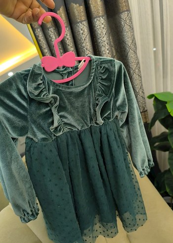 Uzun Kollu Fırfırlı Turkuaz Kız Çocuk Elbise - Görsel 3