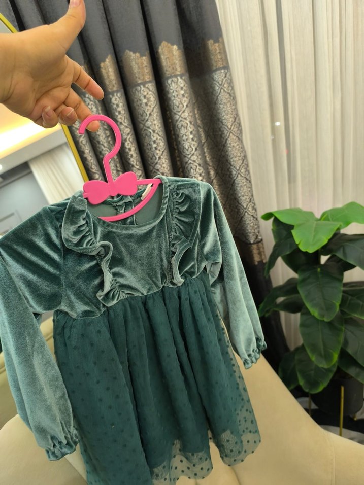 Uzun Kollu Fırfırlı Turkuaz Kız Çocuk Elbise - Görsel 2