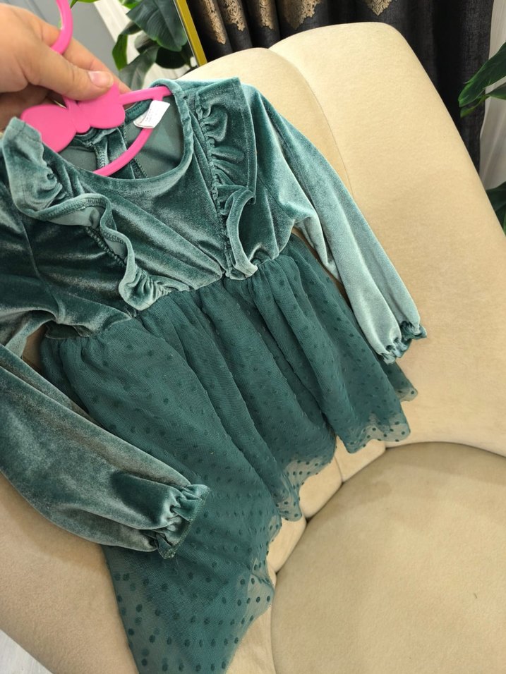 Uzun Kollu Fırfırlı Turkuaz Kız Çocuk Elbise - Görsel 5