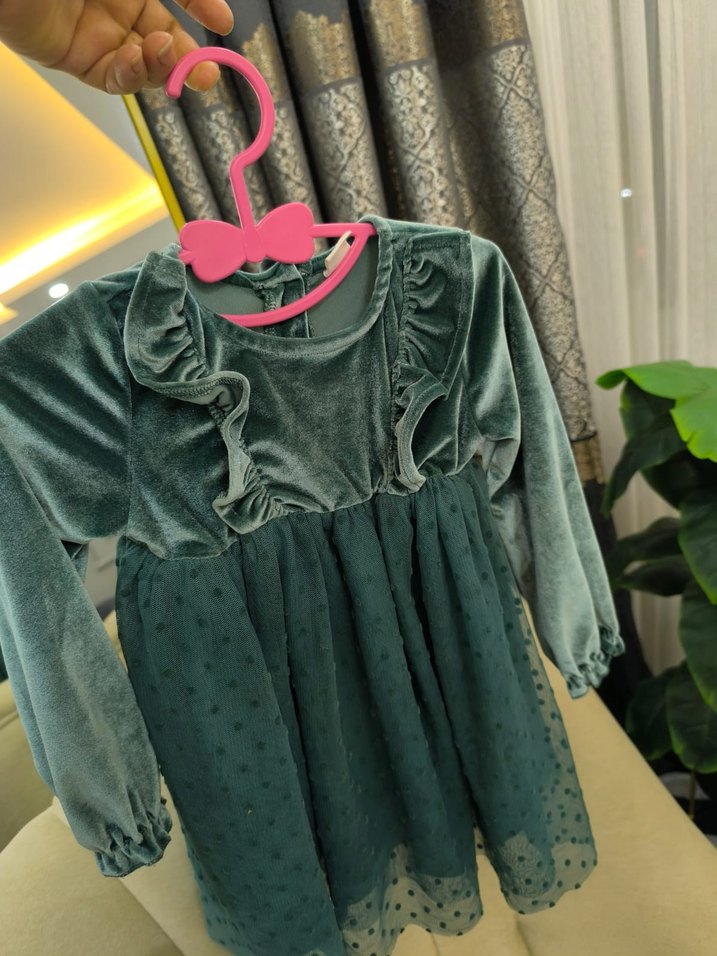 Uzun Kollu Fırfırlı Turkuaz Kız Çocuk Elbise - Görsel 3