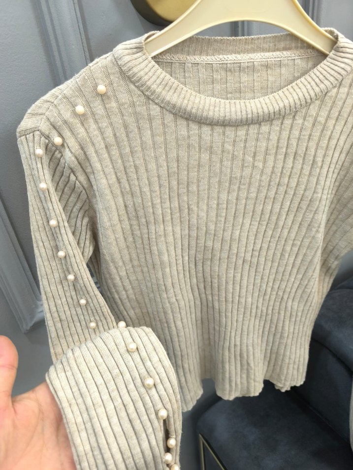 İnci Detaylı Bej Kadın Triko Kazak - Görsel 3