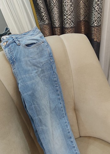 Gri Tokalı Mavi Midi Boy Kadın Denim Pantolon - Görsel 5