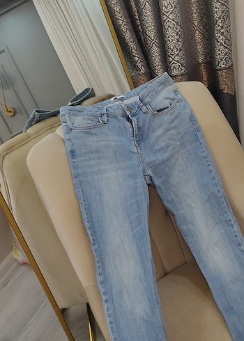 Gri Tokalı Mavi Midi Boy Kadın Denim Pantolon - Görsel 7