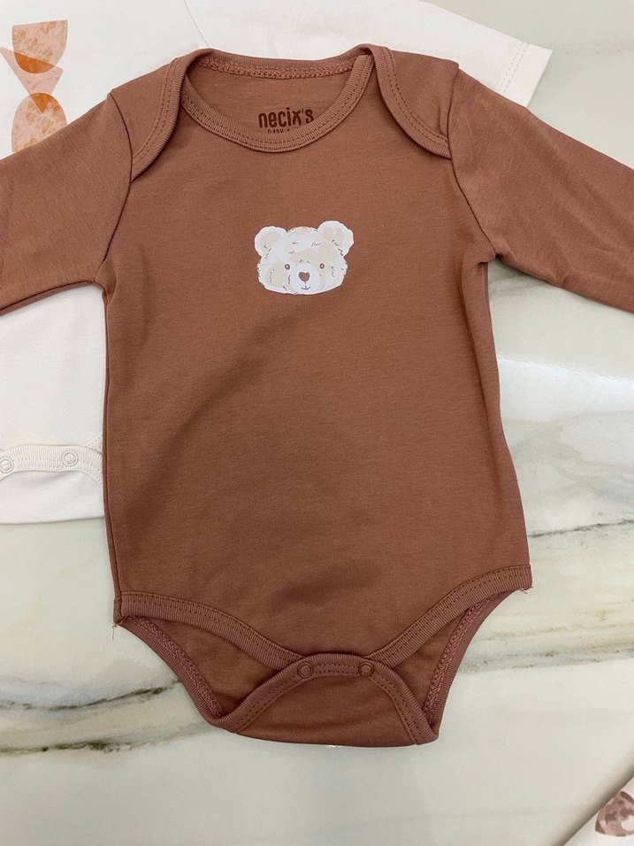 Uzun Kollu Kahverengi Bebek Body Takımı - Görsel 3