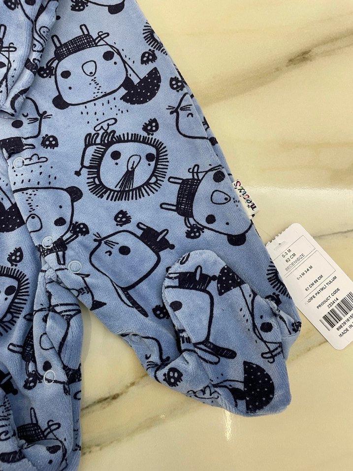 Kadife Mavi Baskılı Uzun Kollu Bebek Tulum - Görsel 3