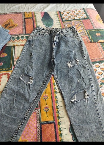 Bohem Gri Batik Desenli Bol Kesim Kadın Kot Pantolon