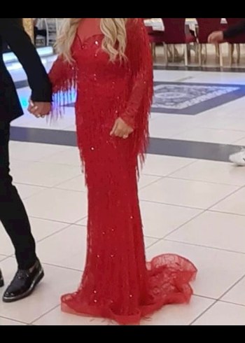 Kırmızı Uzun Kollu Drapeli Kadın Abiye Elbise