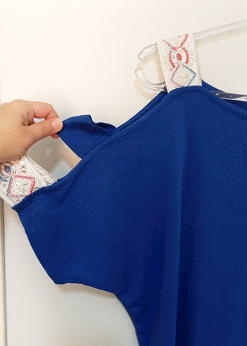 Mavi Bohem Kadın Bluz Mini Kısa Kol - Görsel 2