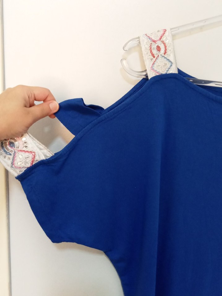 Mavi Bohem Kadın Bluz Mini Kısa Kol - Görsel 2