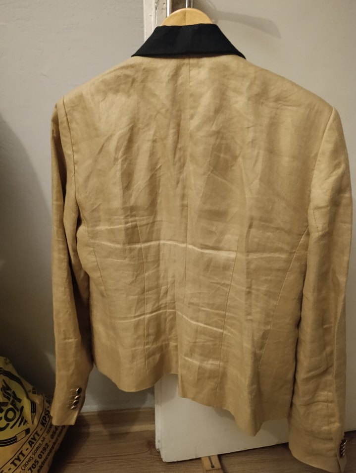 Bej Keten Düğmeli Kadın Blazer - Görsel 3