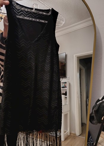 Püsküllü Bohem Siyah Midi Elbise - Görsel 2