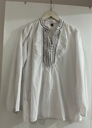 Nakışlı Bohem Bluz Gömlek, Düğmeli, Uzun Kollu