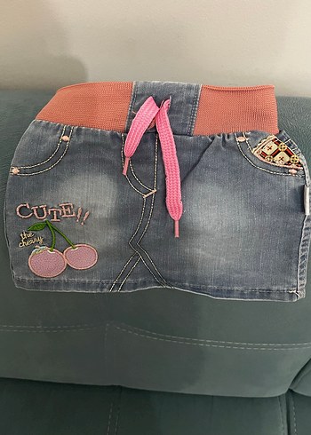 Nakışlı Pembe Kemerli Kız Kot Etek - Görsel 2