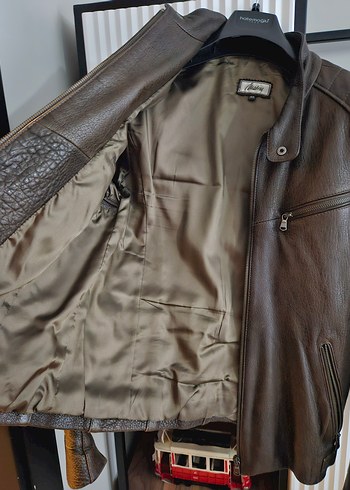 Matraş Kahverengi Deri Biker Ceket Hakiki deri 48 beden